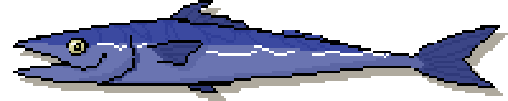 A pixelated drawing of a mackerel fish that occassionally looks from side to side.